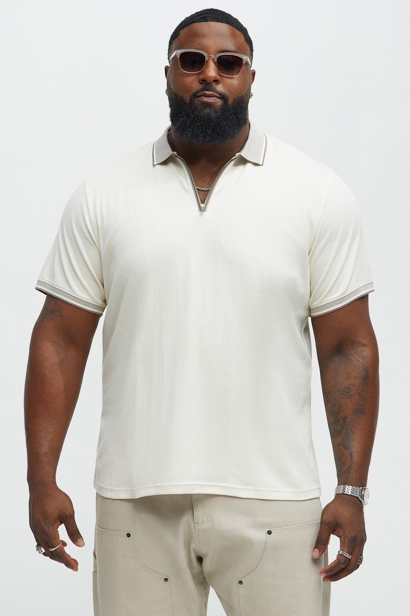 Two Tone Striped Zip Collar Polo - Cream Product Image
