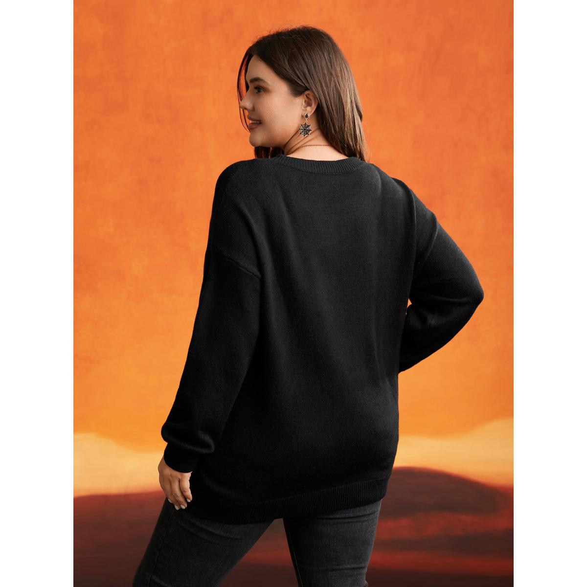 Plus Size Embroidered Cat In Pumpkin Crew Neck Pullover Black Women Casual Long Sleeve Round Neck Everyday Pullovers BloomChic 18-20/2X Product Image