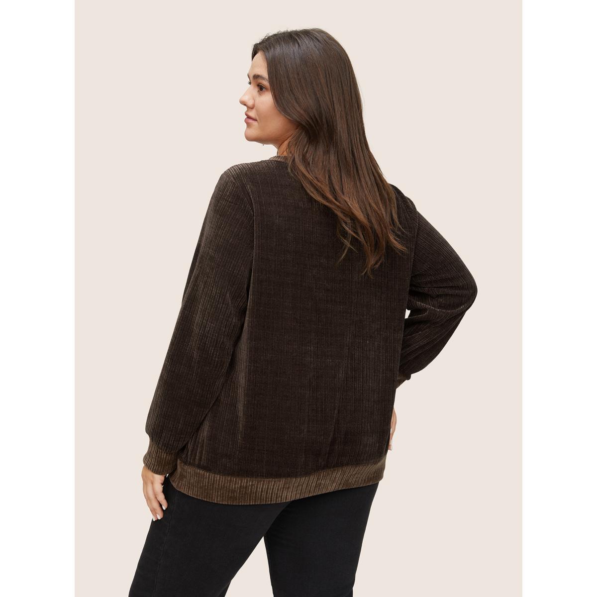 Plus Size Chenille Plisse Patchwork Button Detail Sweatshirt Women DarkBrown Casual Texture Round Neck Everyday Sweatshirts BloomChic 30/6X Product Image