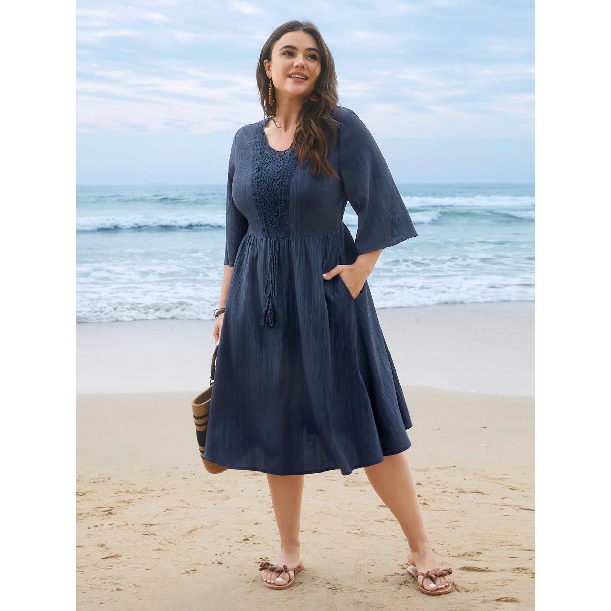 Plus Size Textured Lace Patchwork Waist-Cinched Midi Dress DarkBlue Women Casual Woven ribbon&lace trim V-neck Elbow-length sleeve Curvy BloomChic 22-24/3X Product Image