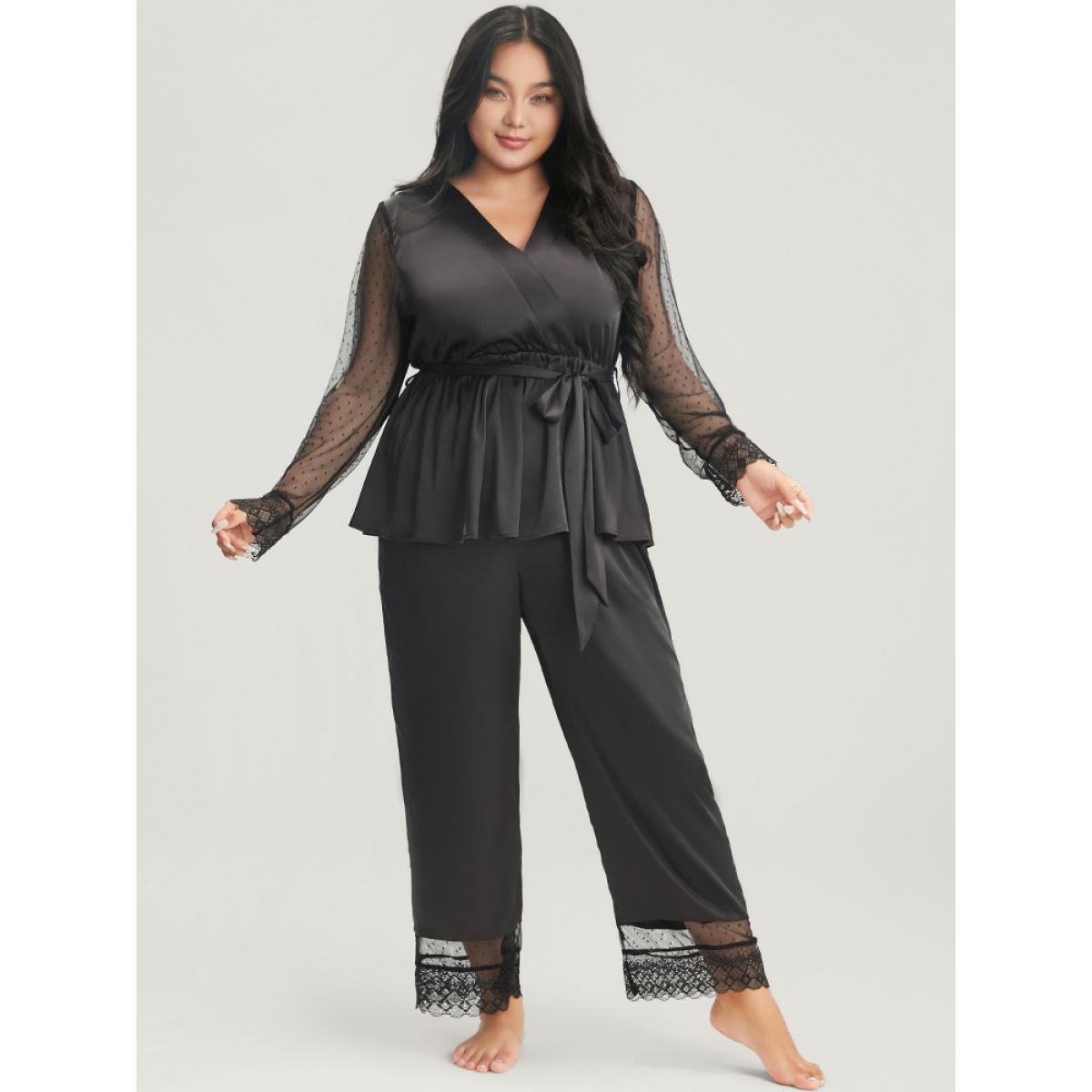 Plus Size Solid Mesh Lace Wrap Belted Pajama Set Women Black Plain Cross straps Long Sleeve V-neck Elegant Loungewear Sets BloomChic 26/4X Product Image