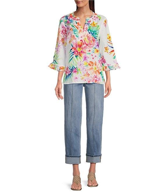 John Mark Floral Printed Split-V Neck 3/4 Ruffle Sleeve Top Product Image