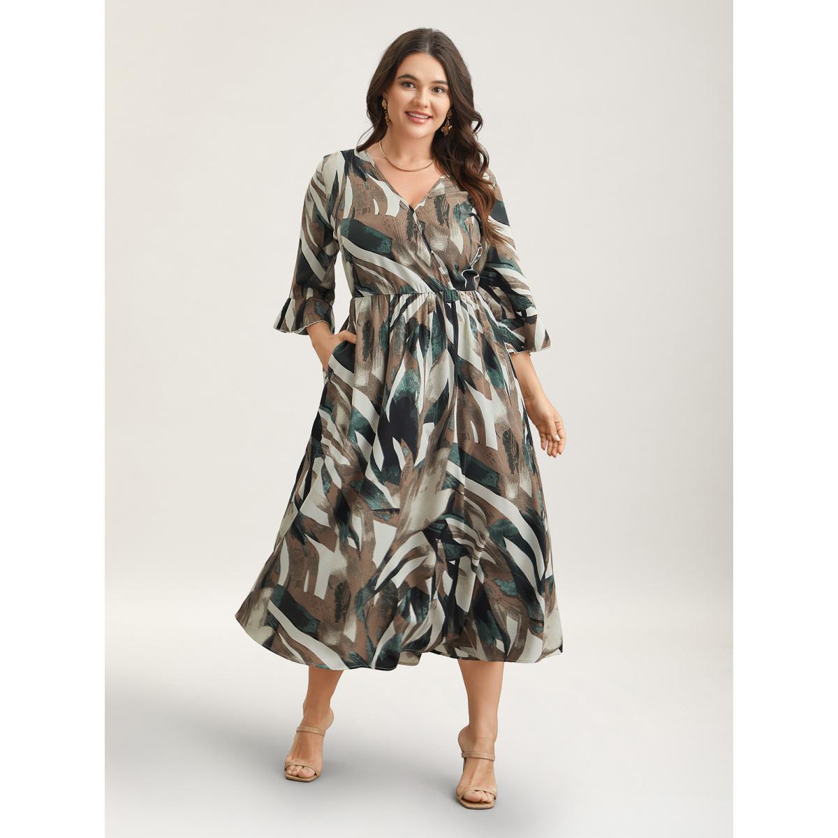 Plus Size Abstract Print Lotus Leaf Cuff Pockets Dress DarkBrown Women Elegant Ruffles Overlap Collar Elbow-length sleeve Curvy BloomChic 22-24/3X Product Image