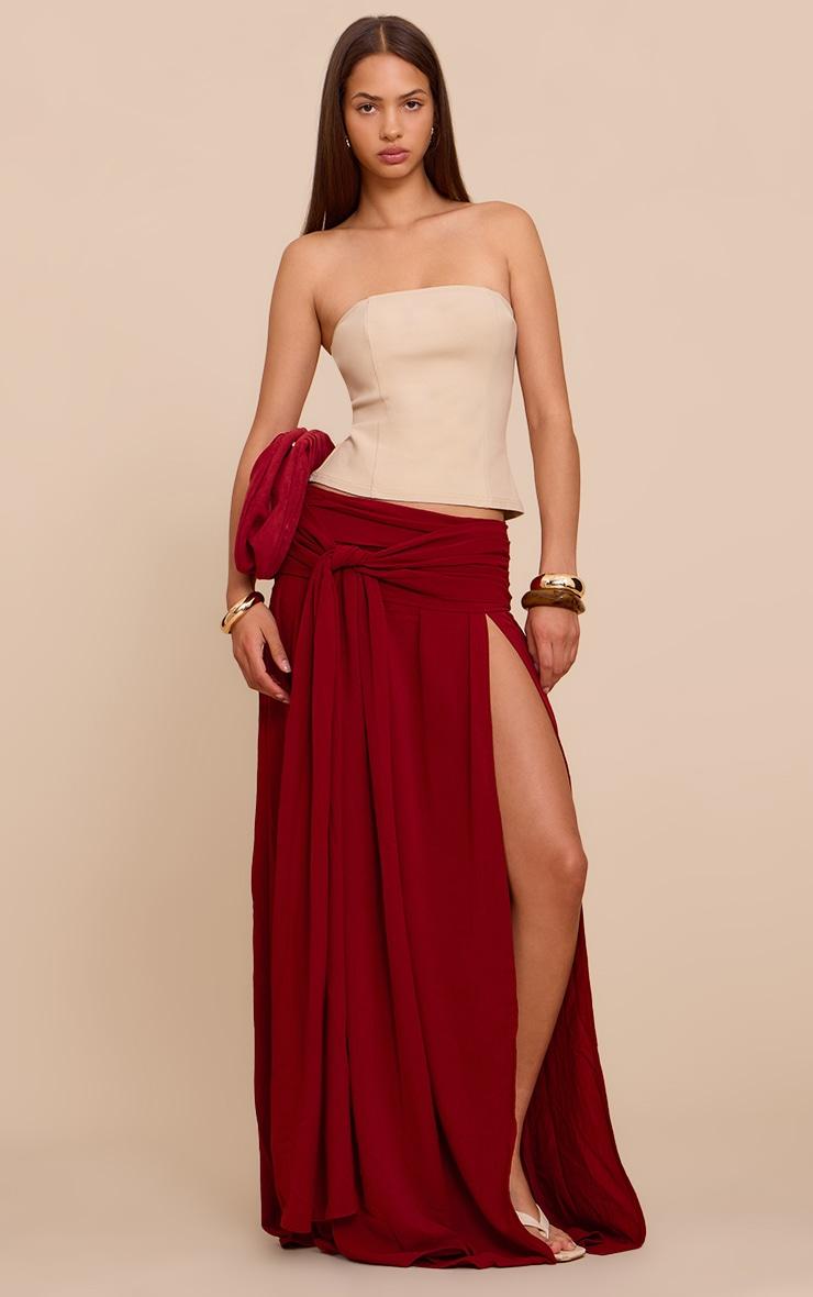 Deep Red Floaty Woven Knot Front Maxi Skirt Product Image