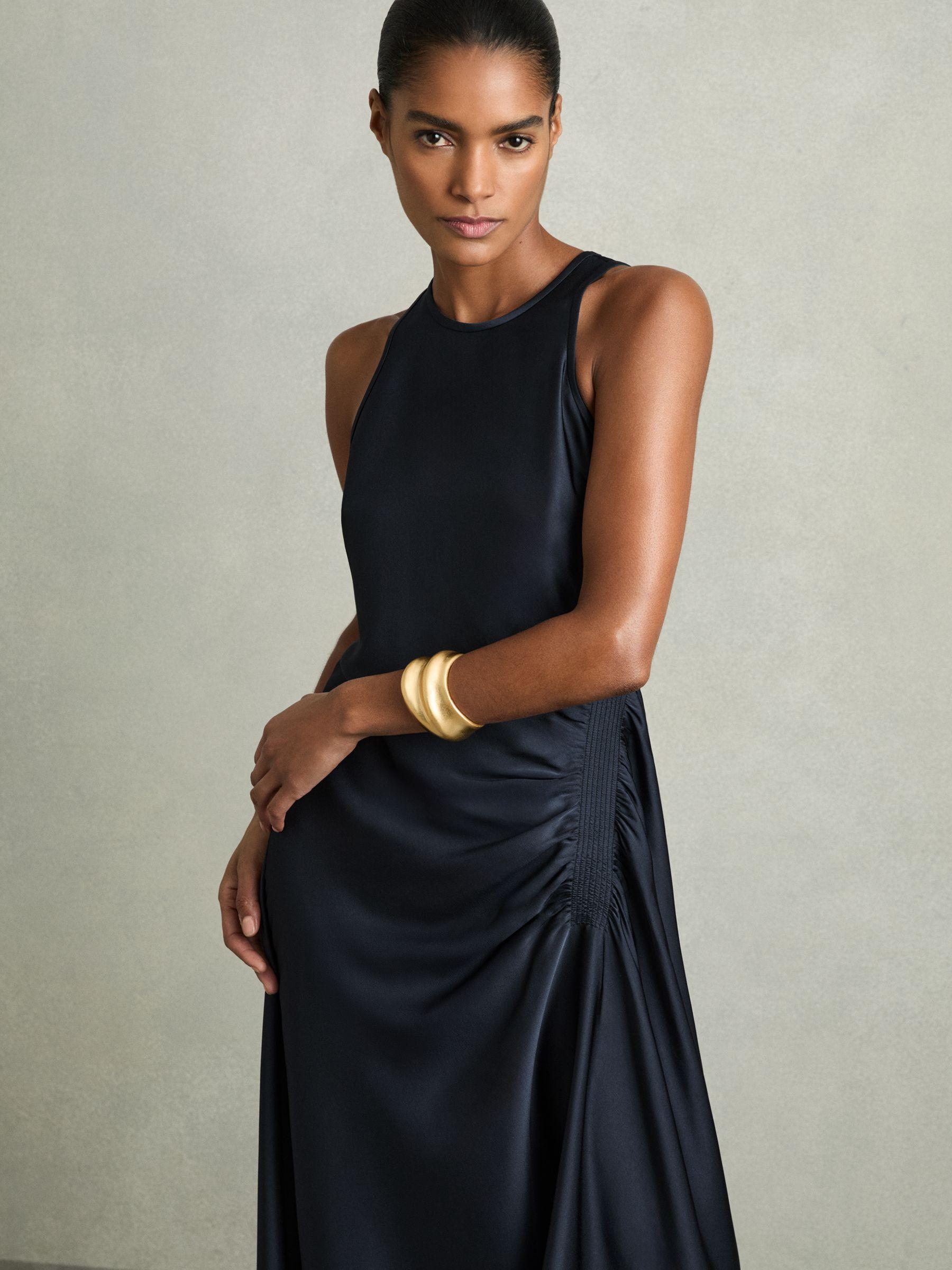 Petite Satin Shirred Midi Dress in Navy Product Image