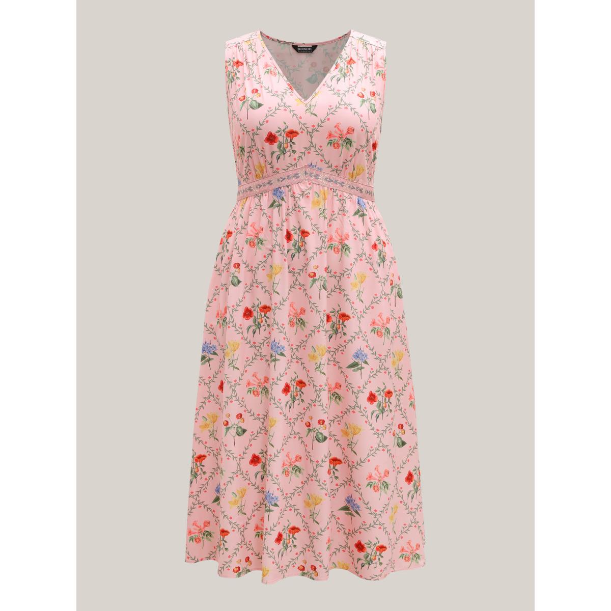 Plus Size Floral Abstract Print V-Neck Maxi Dress Crepe Women Gathered V-neck Sleeveless Curvy BloomChic 14-16/1X Product Image