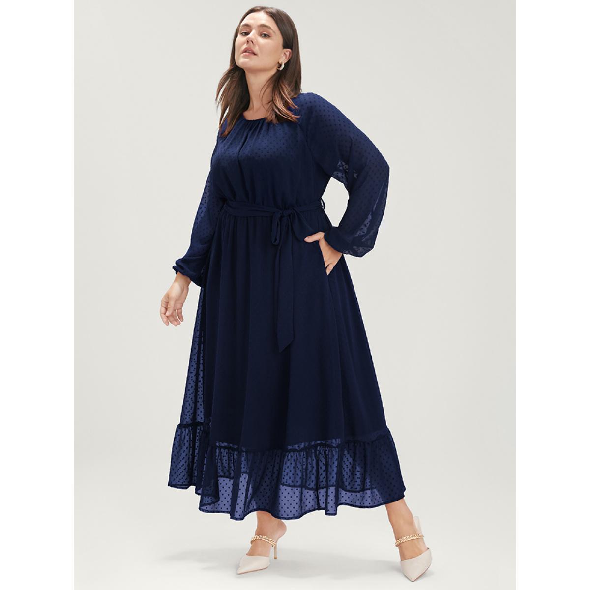 Plus Size Polka Dot Round Neck Pocket Lantern Sleeve Belted Flutter Dress Indigo Women Party Round Neck Long Sleeve Curvy Midi Dress BloomChic 18-20/2X Product Image