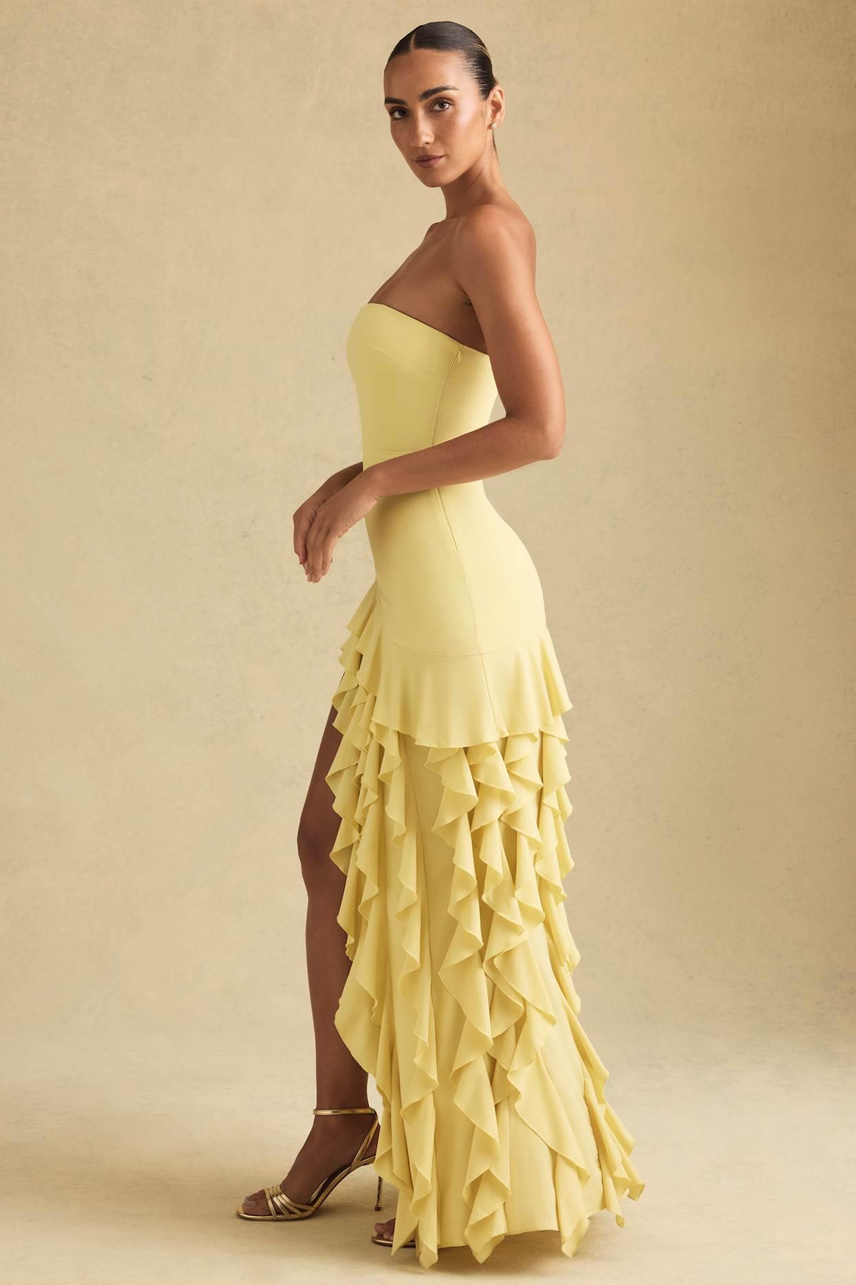 Ruffle-Trim Strapless Gown in Pastel Yellow Product Image