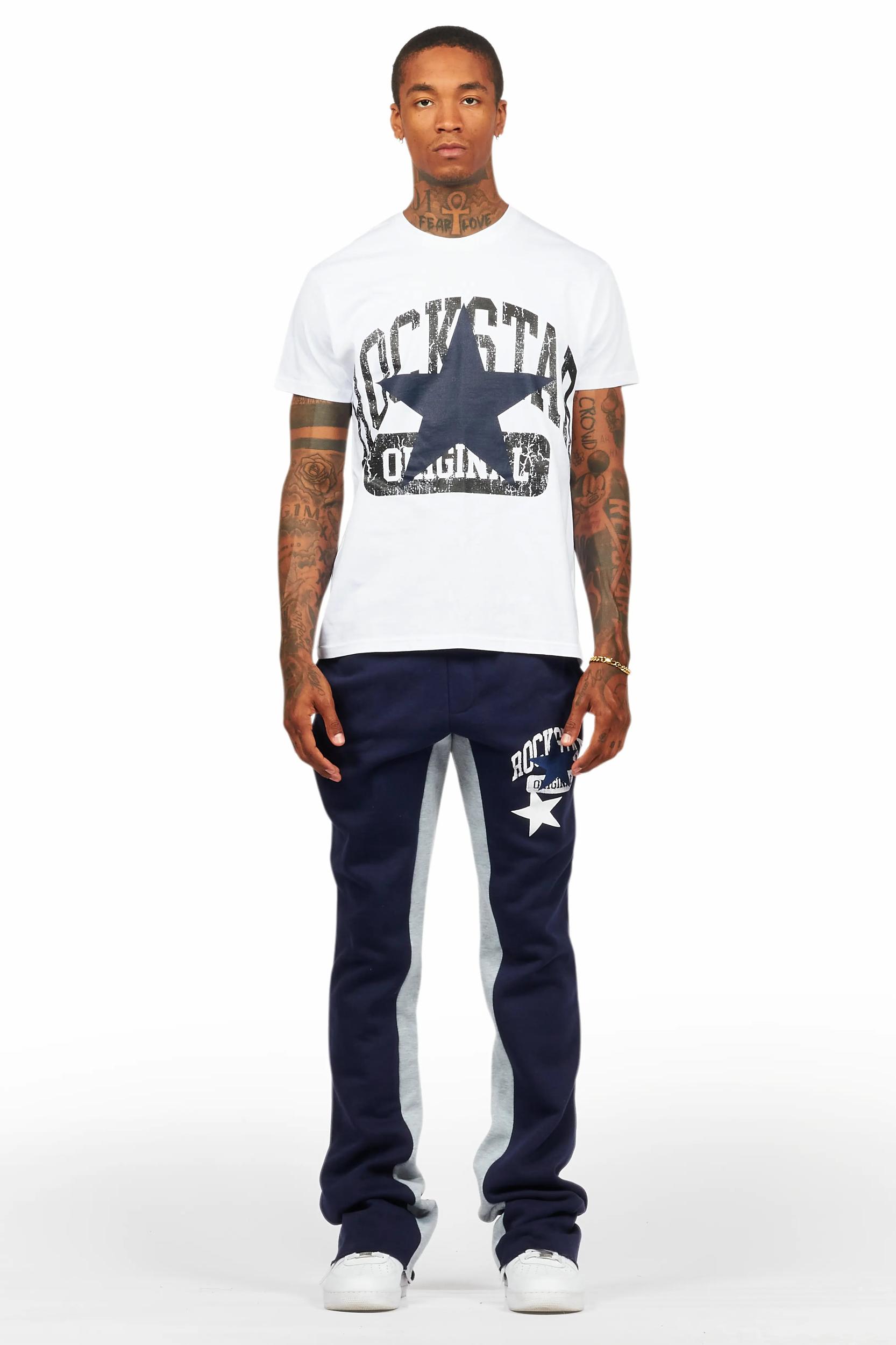 Mallor White/Navy T-Shirt/Stacked Baggy Track Pant Set Male Product Image