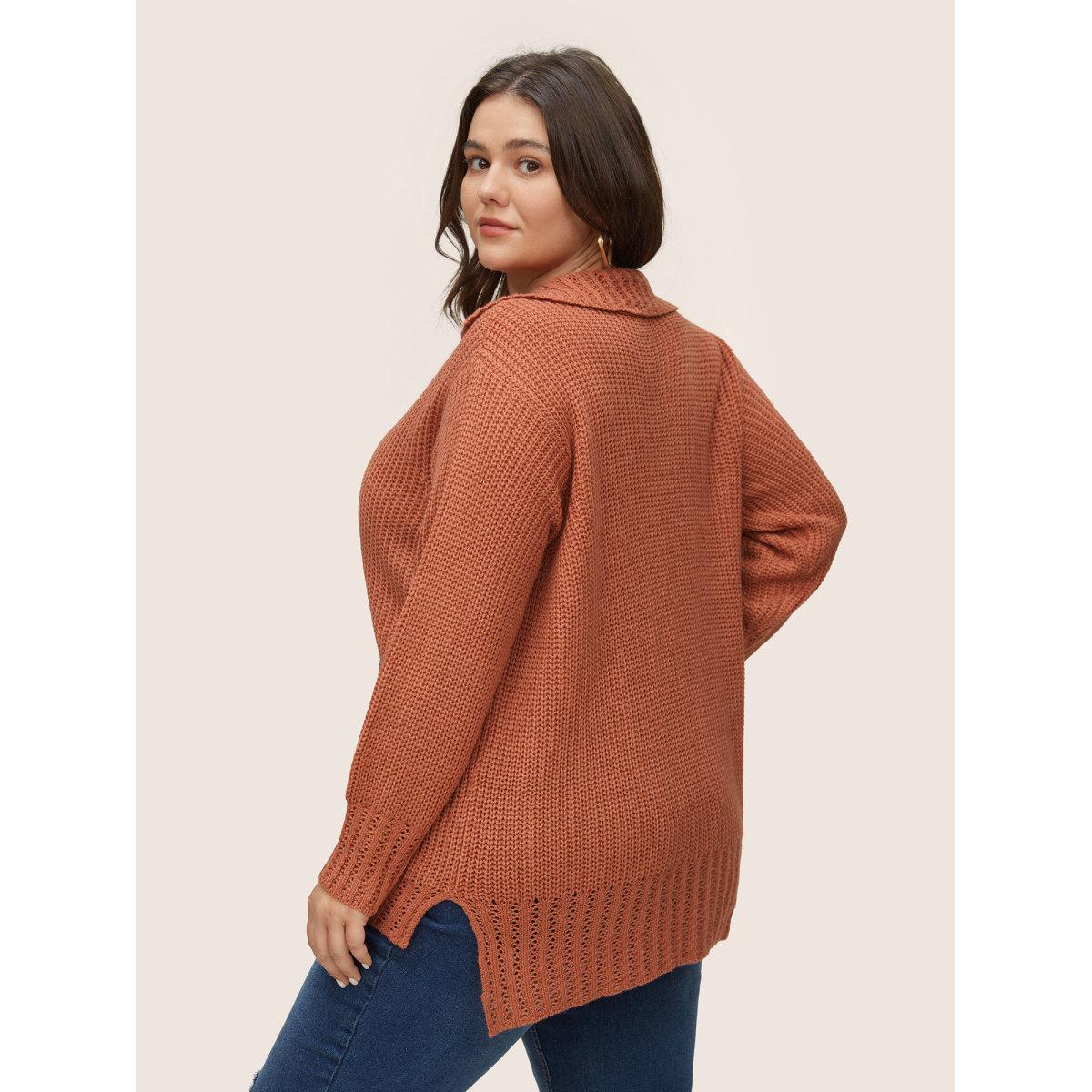 Plus Size Solid Pocket Pointelle Knit Split Hem Pullover Coral Women Casual Long Sleeve Polo Everyday Pullovers BloomChic 26/4X Product Image