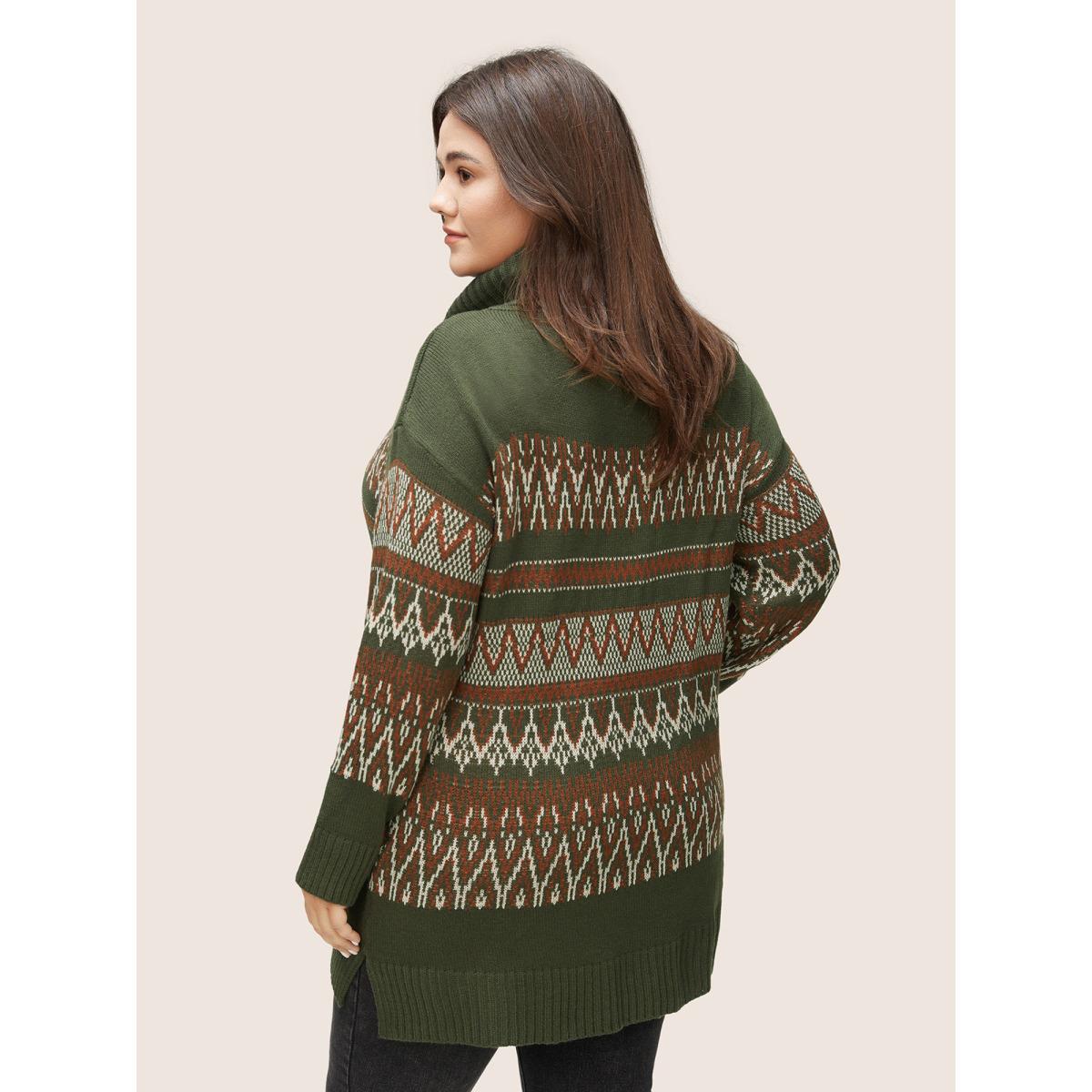 Plus Size Geo Pattern Split Side Turtle Neck Jacquard Pullover ArmyGreen Women Casual Loose Long Sleeve Turtleneck Dailywear Pullovers BloomChic 18-20/2X Product Image
