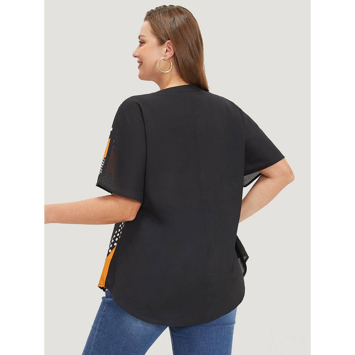 Plus Size Black Contrast Patchwork Notched Arc Hem Blouse Women Elegant Short sleeve Notched collar Dailywear Blouses BloomChic 12/L Product Image
