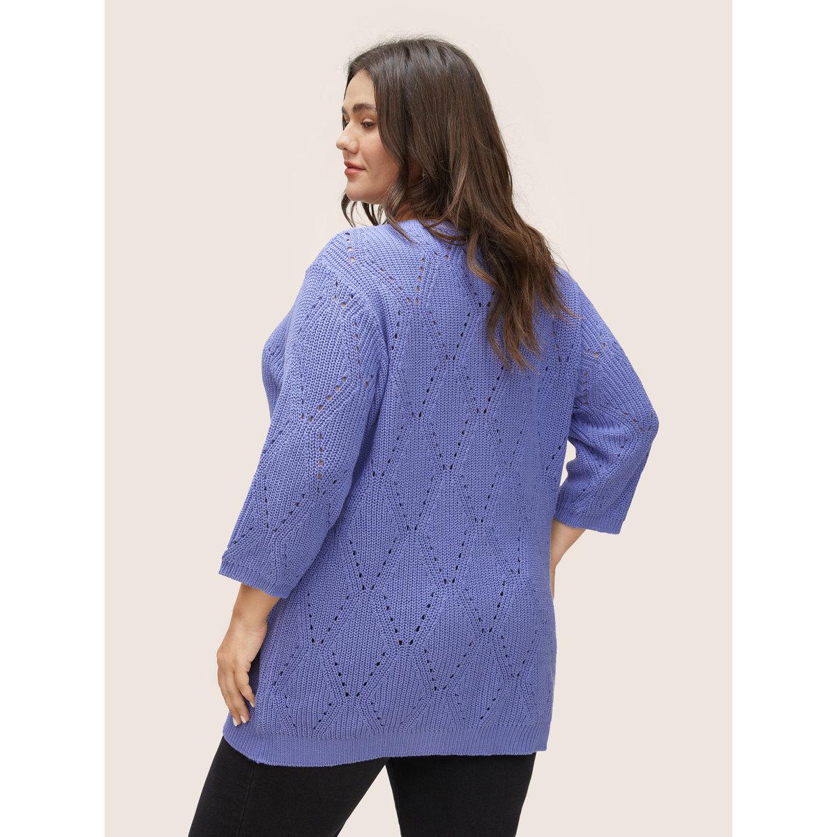 Plus Size Cotton Blended Geometric Hollow Out Pullover BlueViolet Women Casual Elbow-length sleeve Round Neck Everyday Pullovers BloomChic 30/6X Product Image