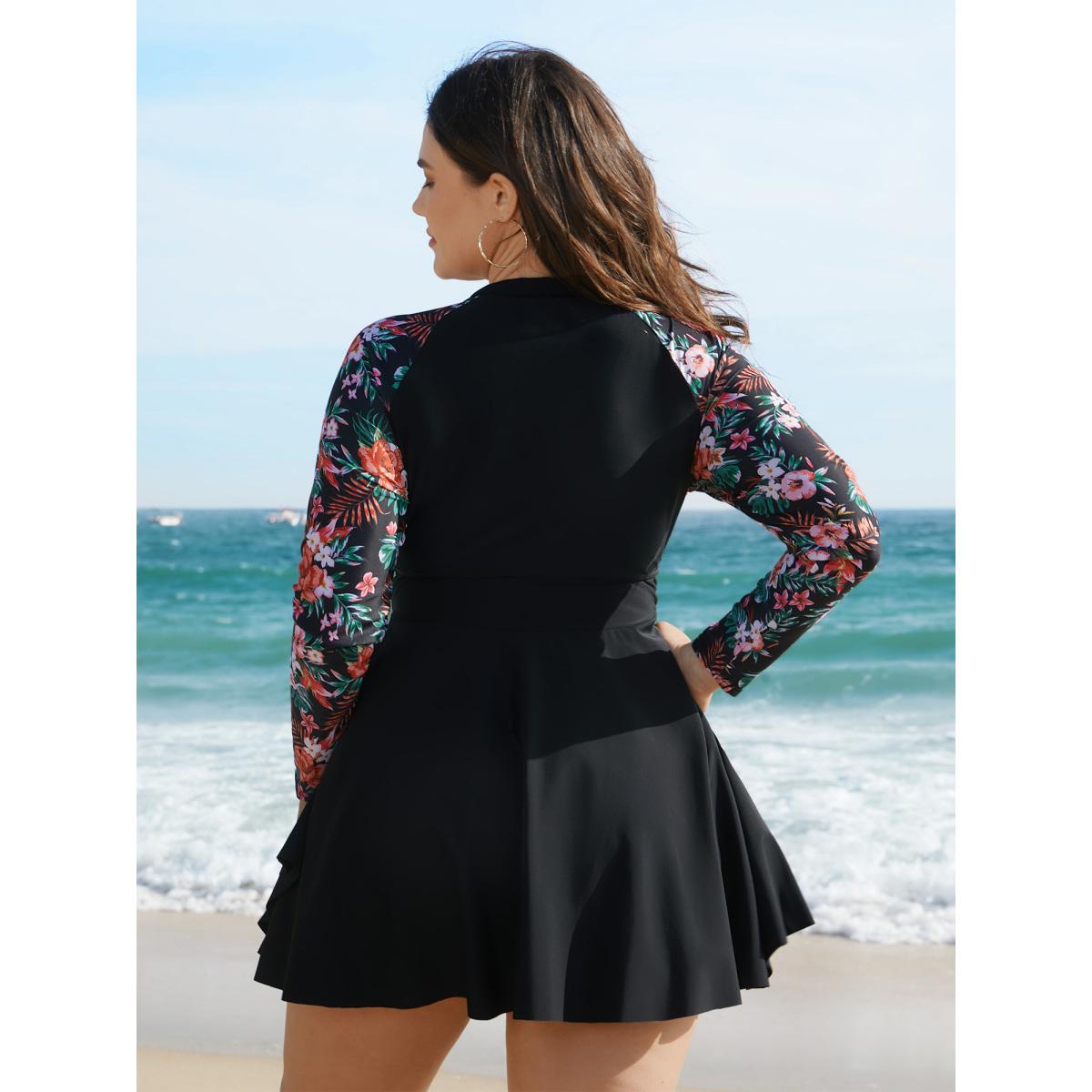 Plus Size Floral Sleeve Half Zipper Swim Dress Women's Swimwear Black Beach Bodycon Round Neck High stretch Curve Swim Dresses BloomChic 10/M Product Image