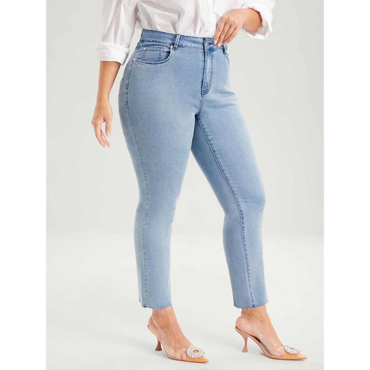 Plus Size Skinny Very Stretchy High Rise Light Wash Pocket Patchwork Jeans Women LightBlue Casual Plain Asymmetrical High stretch Pocket Jeans BloomChic 24/3X Product Image