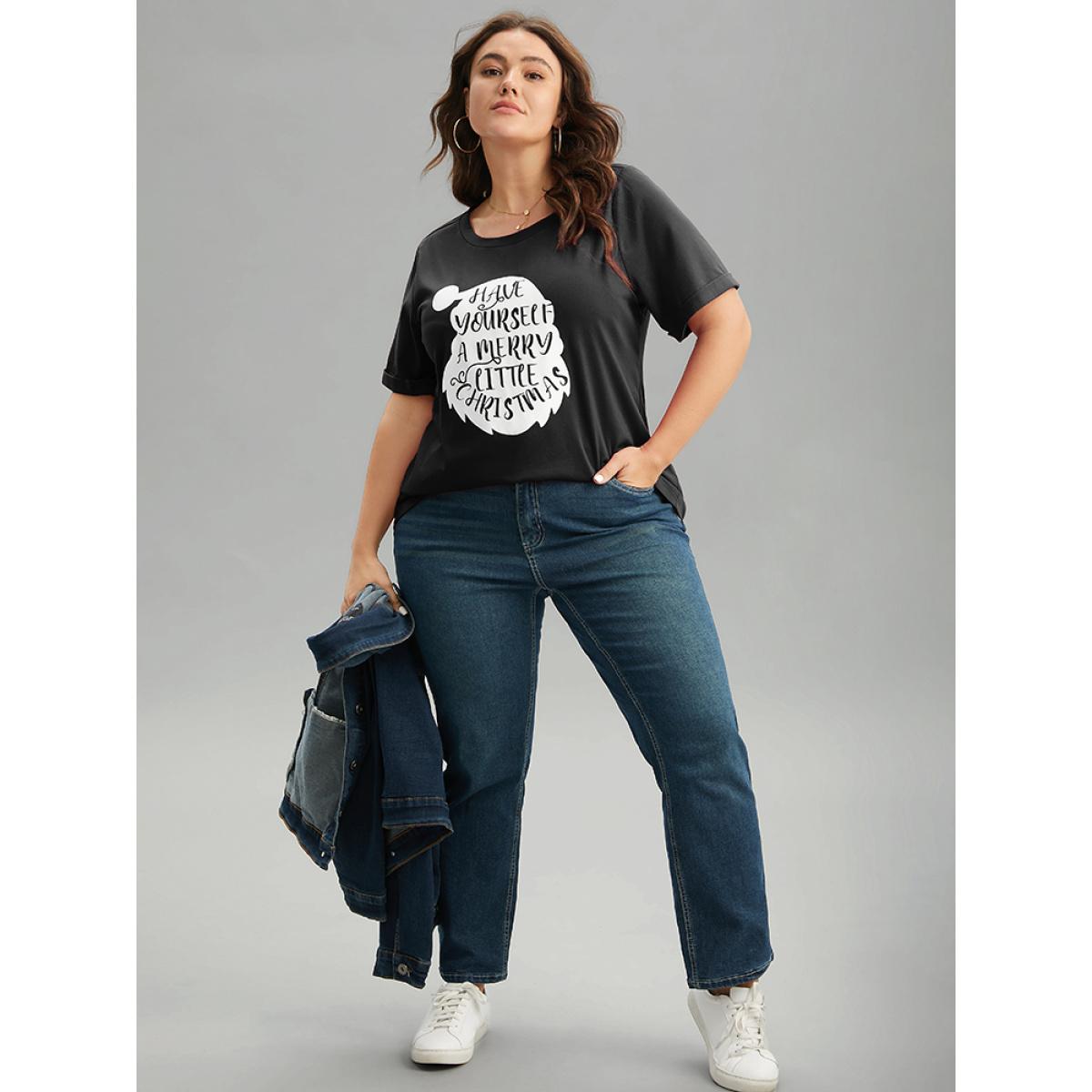 Plus Size Christmas Print Round Neck Roll Sleeve T-shirt Black Women Casual Printed Christmas Festival-Christmas T-shirts BloomChic 28/5X Product Image