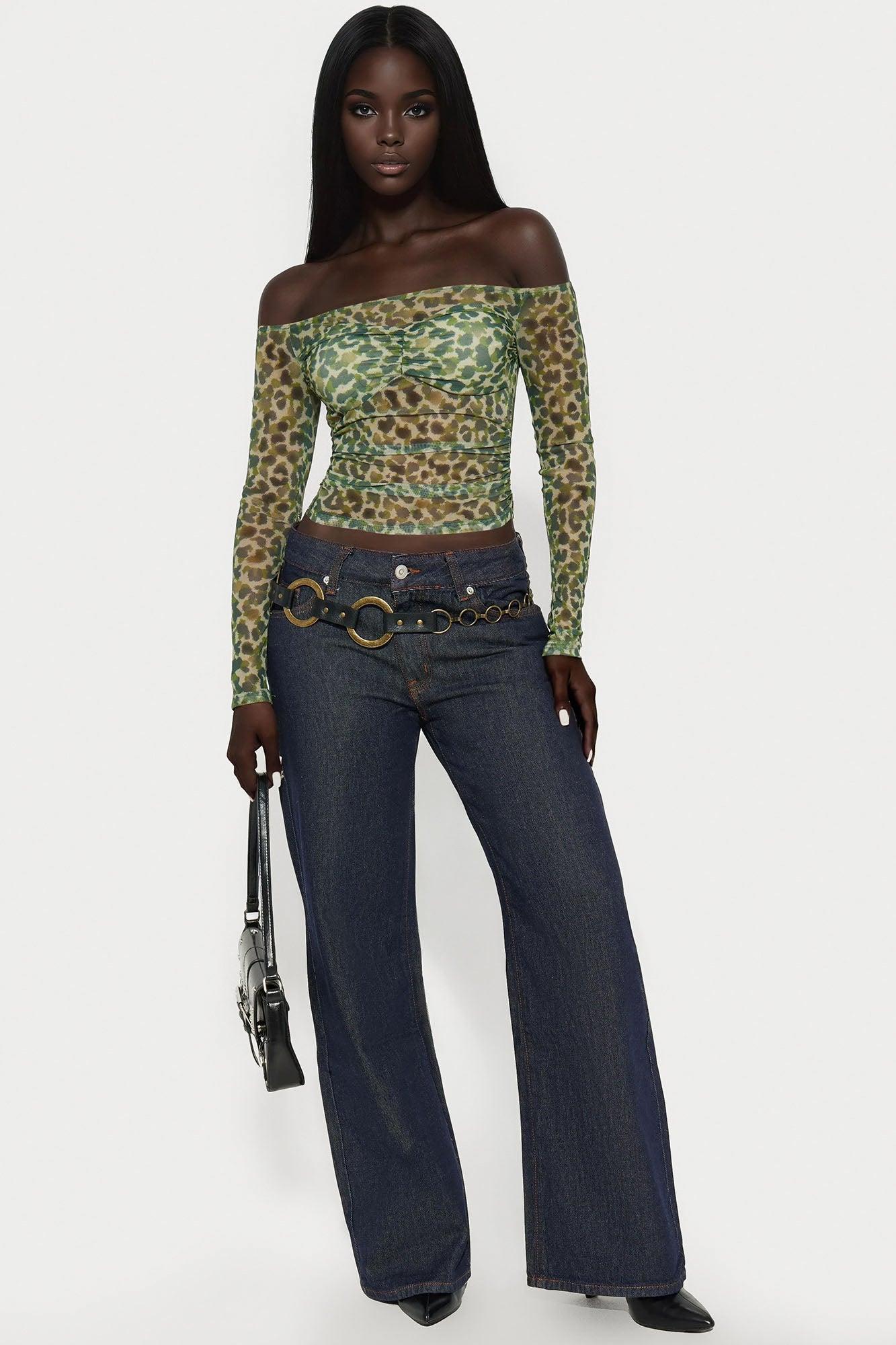 Ida Off Shoulder Mesh Top - Green/combo Female Product Image