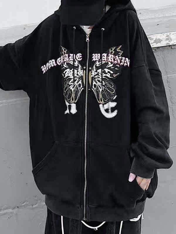 Butterfly Print Fleece Zip Up Oversized Hoodie Product Image