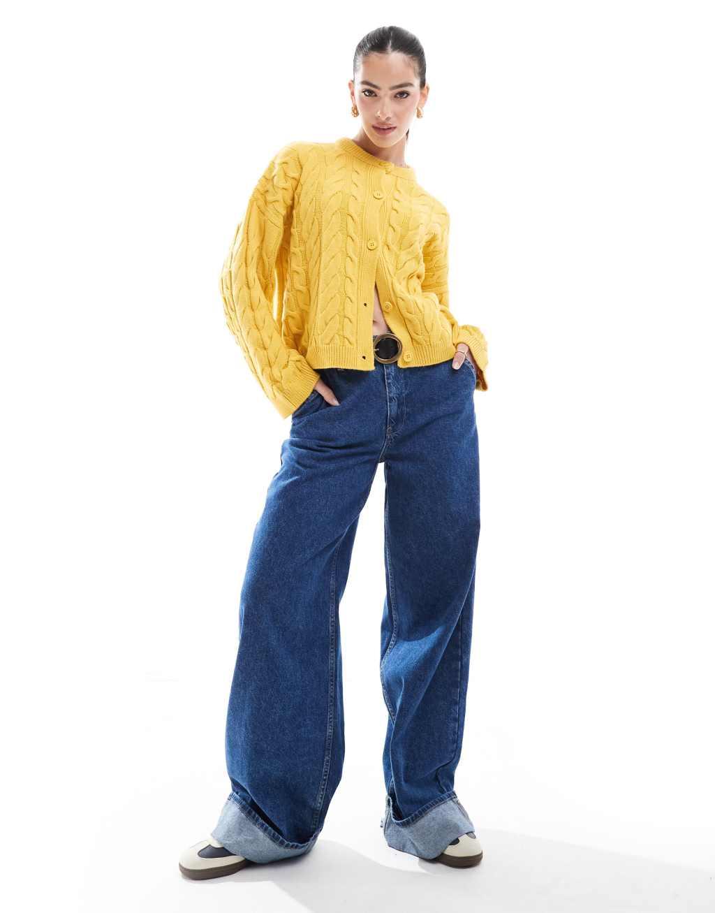 Miss Selfridge chunky heavy weight cable knit cardigan in mustard Product Image