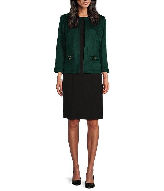 Kasper Faux Suede Framed Open Front Collarless Long Sleeve Jacket Product Image