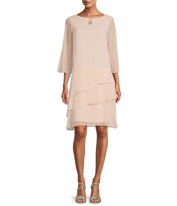 Marina Split 3/4 Sleeve Round Beaded Keyhole Neck Asymmetrical Tiered Chiffon Trapeze Dress Product Image