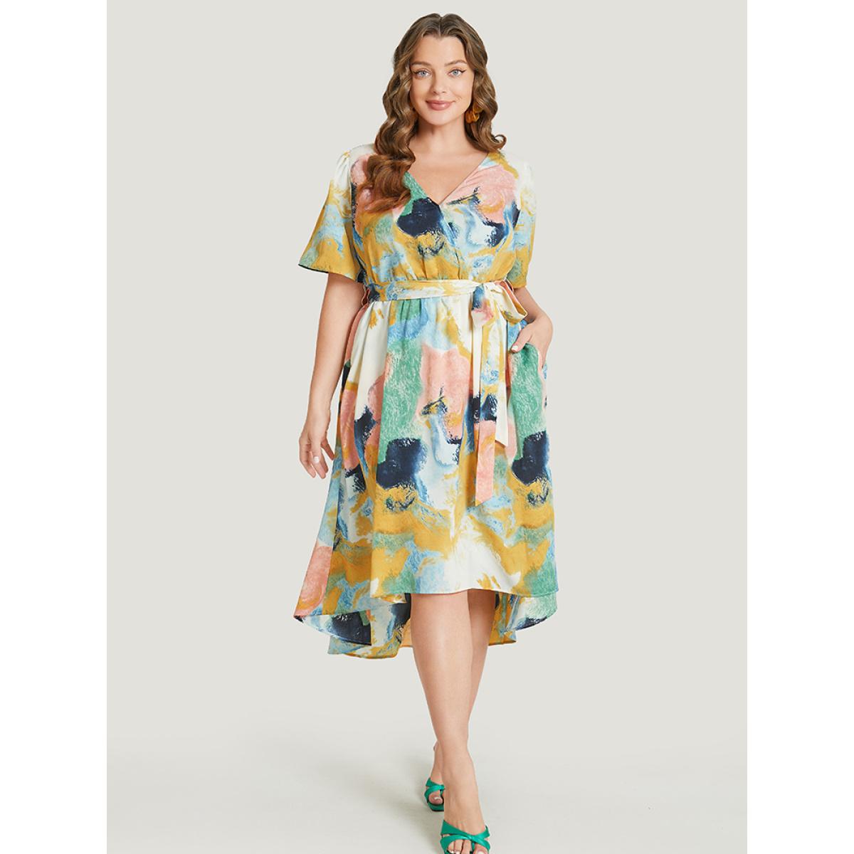 Plus Size Tie Dye Ruffle Pocket Wrap Belted High Low Dress Green Women Elegant Wrap V-neck Short sleeve Curvy Midi Dress BloomChic 18-20/2X Product Image