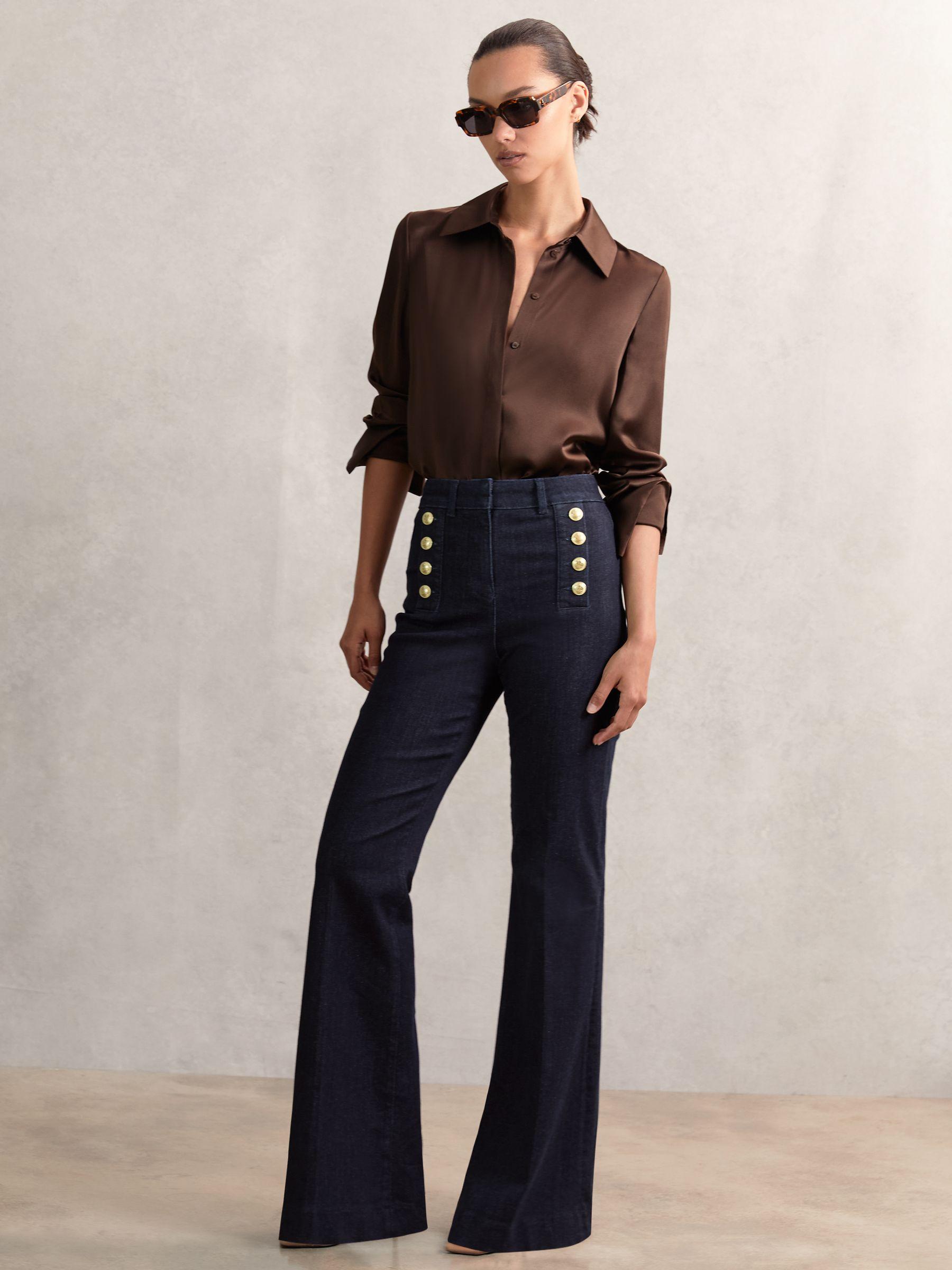 Petite Button-Detail High-Rise Flared Jeans in Dark Blue Product Image