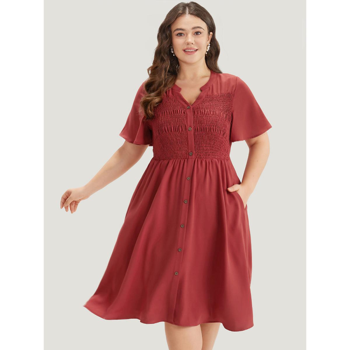 Plus Size Plain Notched Shirred Button Through Ruffle Sleeve Dress Rust Women Elegant Plain Notched collar Short sleeve Curvy Midi Dress BloomChic 10/M Product Image