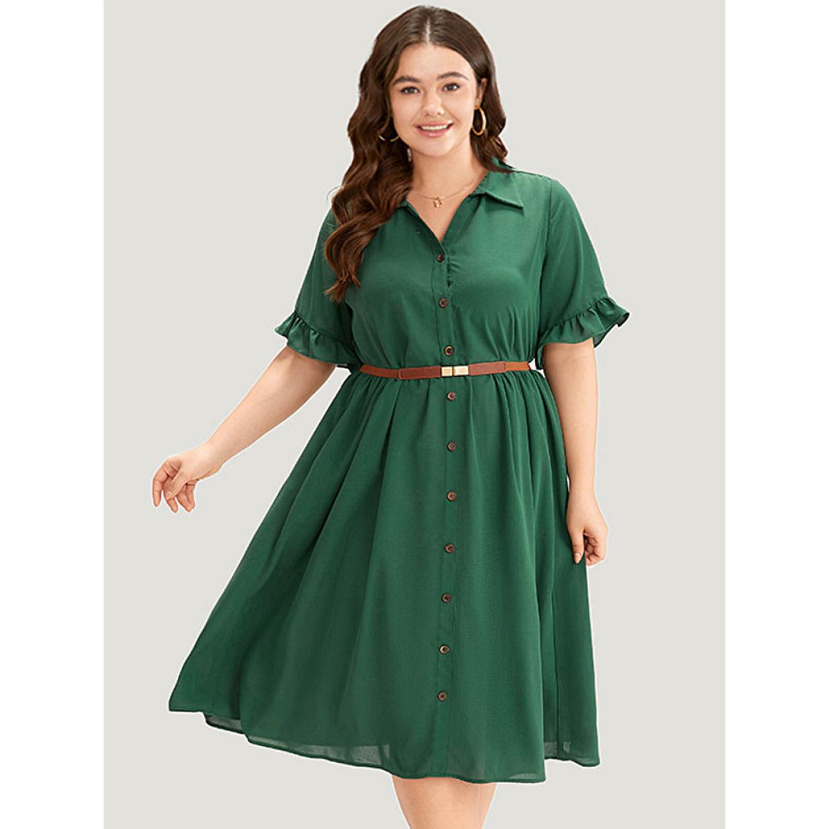Plus Size Plain Ruffles Pocket Button Up Pleated Frill Trim Dress Emerald Women Casual Plain Lapel Collar Short sleeve Curvy Midi Dress BloomChic 28/5X Product Image
