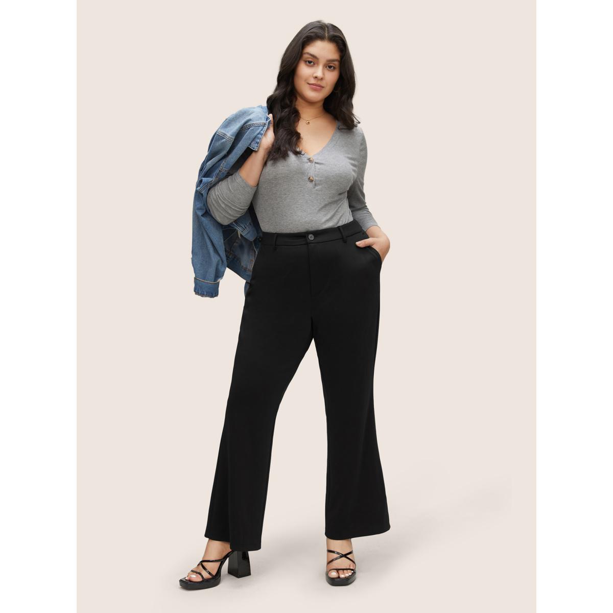 Plus Size Solid High Rise Slant Pocket Flare Leg Pants Women Black At the Office Flare Leg High Rise Work Pants BloomChic 28/5X Product Image