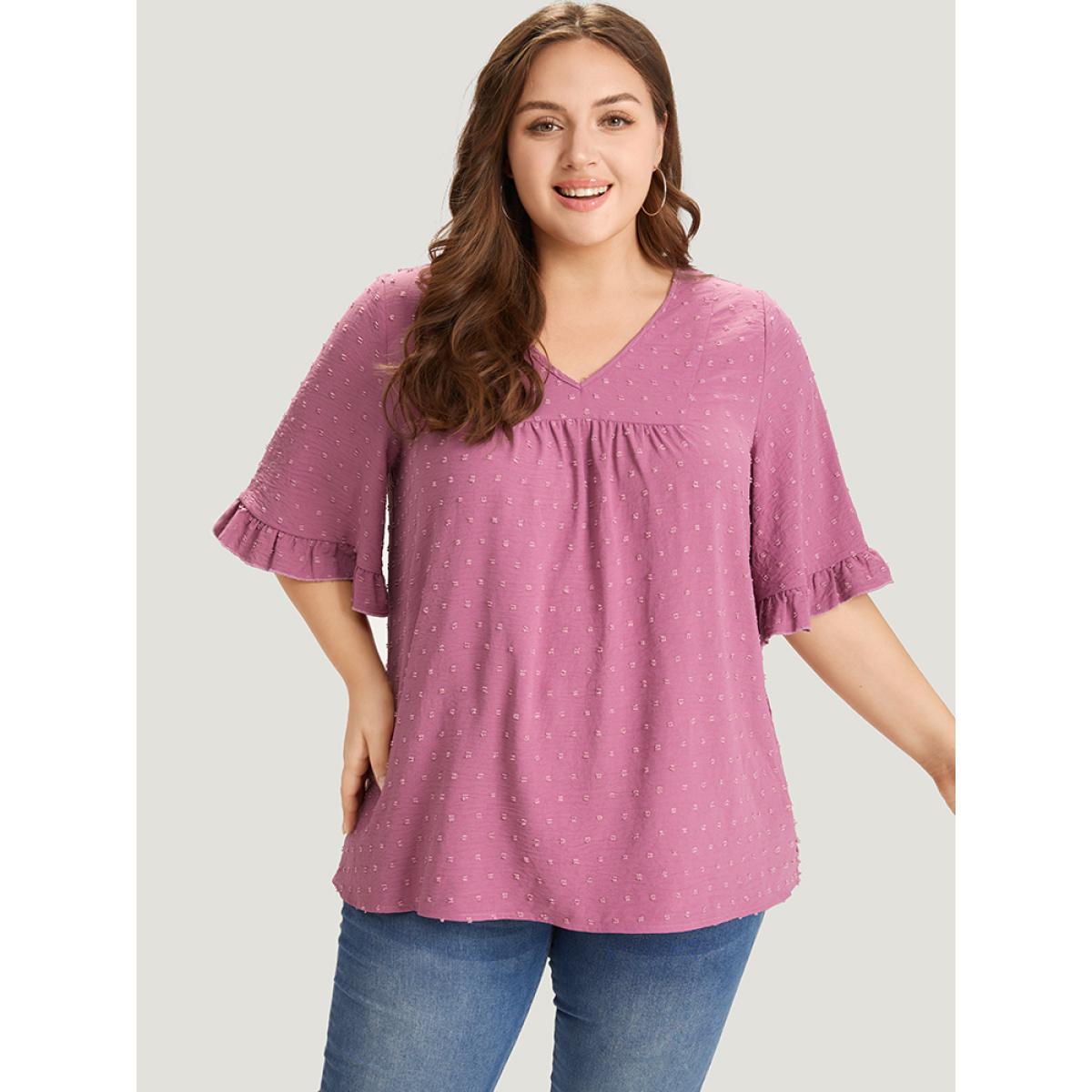Plus Size Purple Polka Dot Flutter Trim Gathered Blouse Women Elegant Short sleeve V-neck Dailywear Blouses BloomChic 28/5X Product Image