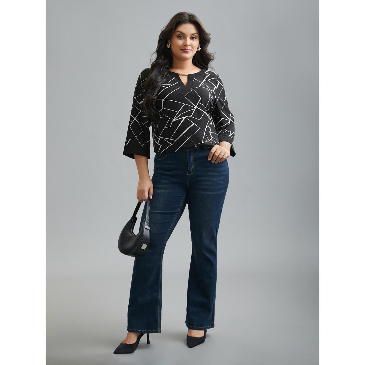 Plus Size Black Geometric Print Metal Detail Spliced Blouse Women At the Office Elbow-length sleeve Round Neck Office Blouses BloomChic 18-20/2X Product Image