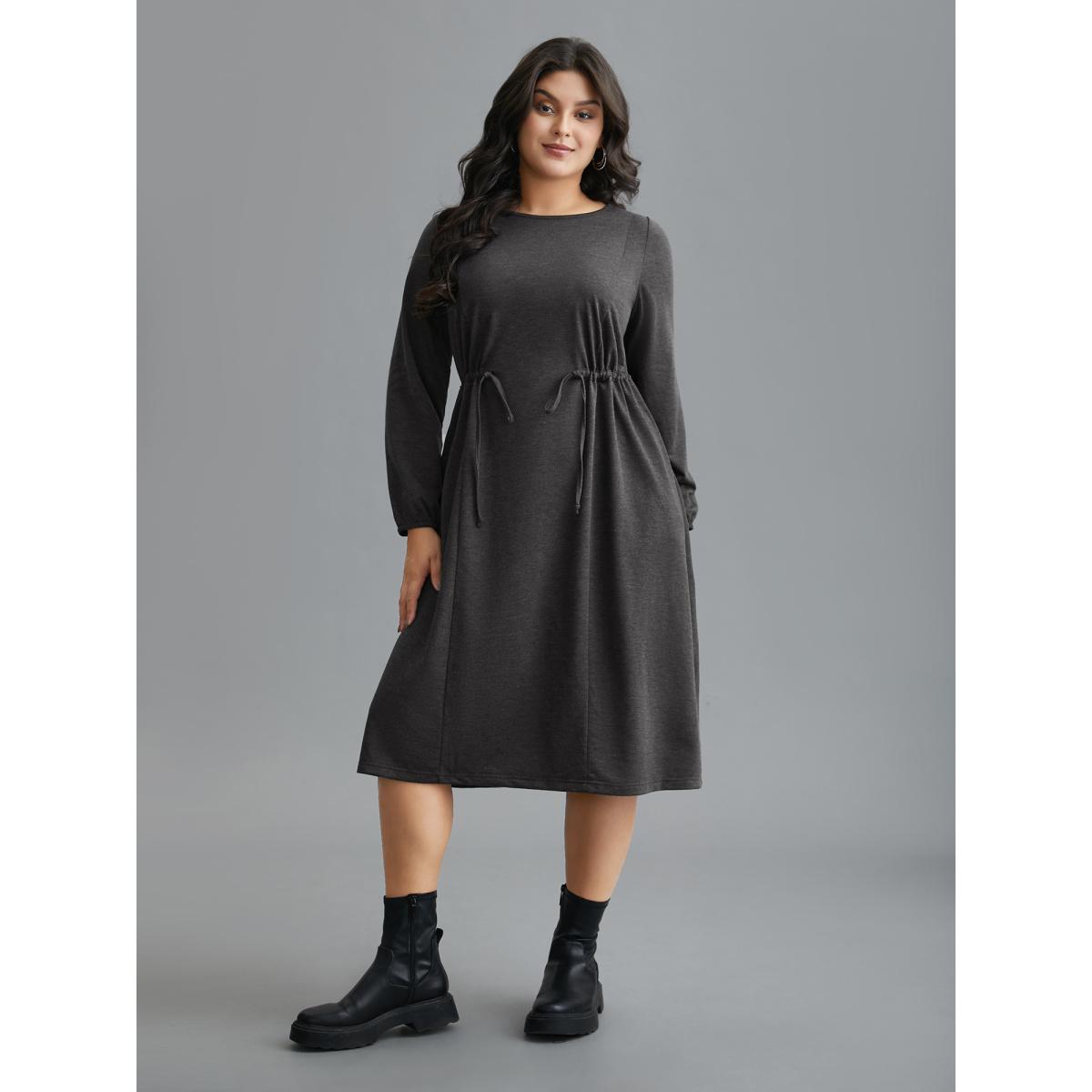 Plus Size Elastic Waist Tie Round Neck Knit Midi Dress DarkGray Women Casual Drawstring Knit Dresses Bloomchic 26/4X Product Image