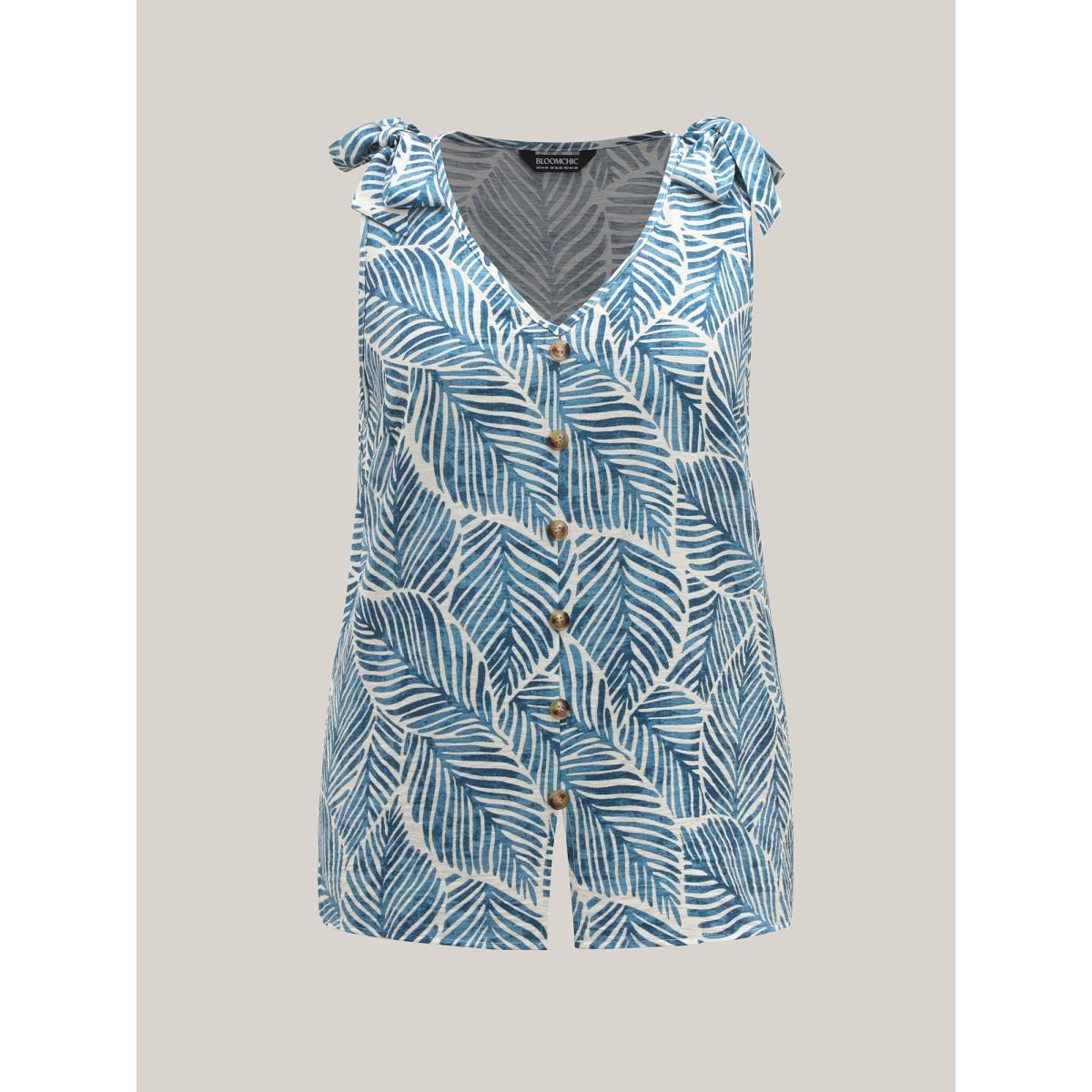 Plus Size Bow Shoulder Leaf Print Button Tank Top Women Mediumblue Resort Tie knot V-neck Vacation Tank Tops Camis BloomChic 10/M Product Image