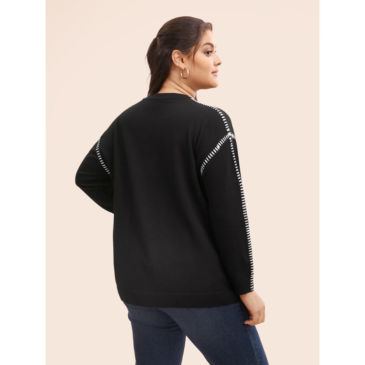 Plus Size Crew Neck Contrast Trim Drop Shoulder Pullover Black Women Casual Long Sleeve Round Neck Everyday Pullovers BloomChic 12/L Product Image