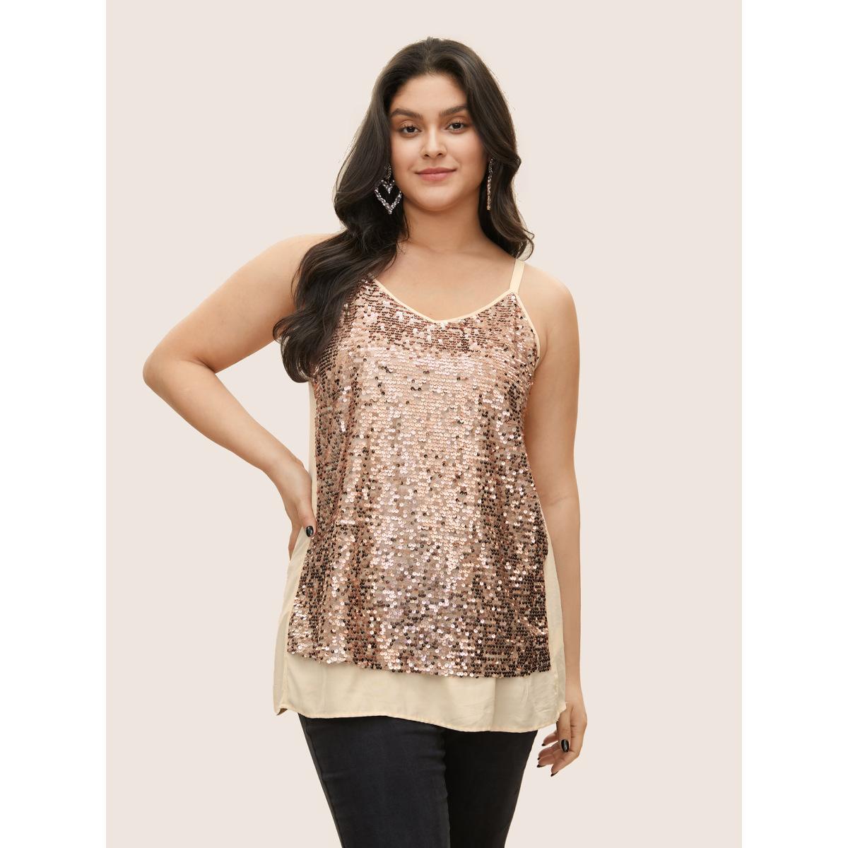 Plus Size Sequin Patchwork Adjustable Straps Cami Top Women Champagne Cocktail Tiered Party Tank Tops Camis BloomChic 14-16/1X Product Image