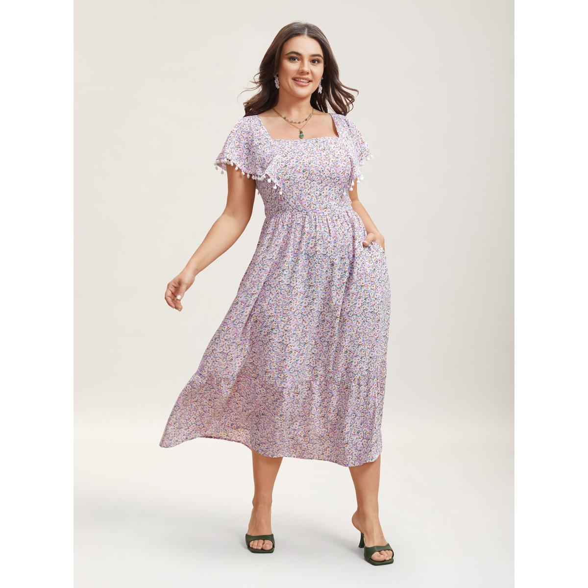 Plus Size Square Neck Floral Print Tassels Tiered Midi Dress Lavender Women Elegant Woven ribbon&lace trim Square Neck Short sleeve Curvy BloomChic 14-16/1X Product Image
