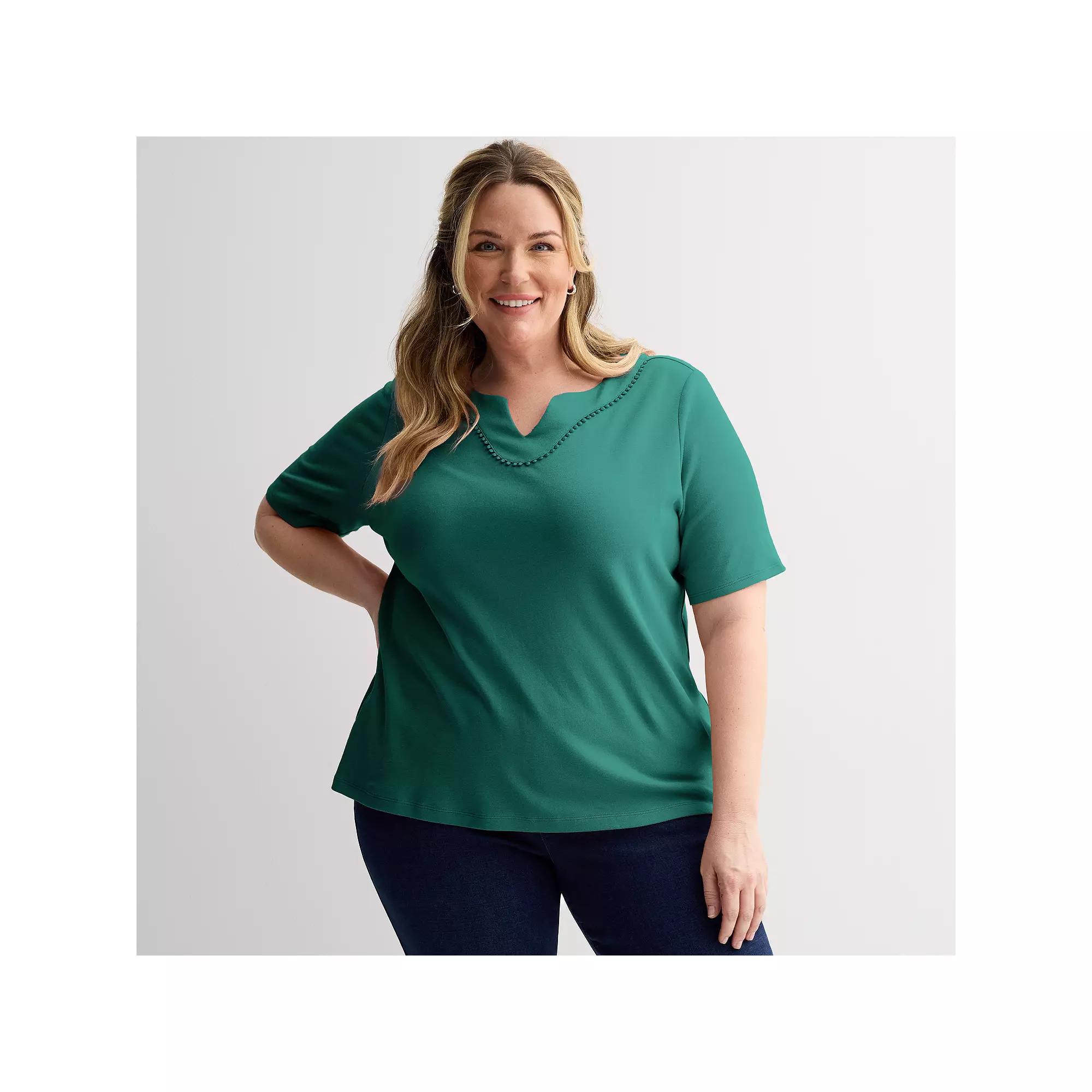 Plus Size Croft & Barrow® Bobble Trim Split Neck Top, Women's, Size: 5XL, Dark Blue Product Image