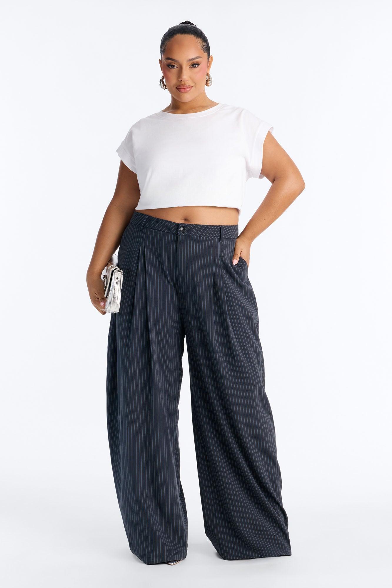 Run This Office Pinstripe Barrel Leg Pant 33″ - Navy Female Product Image