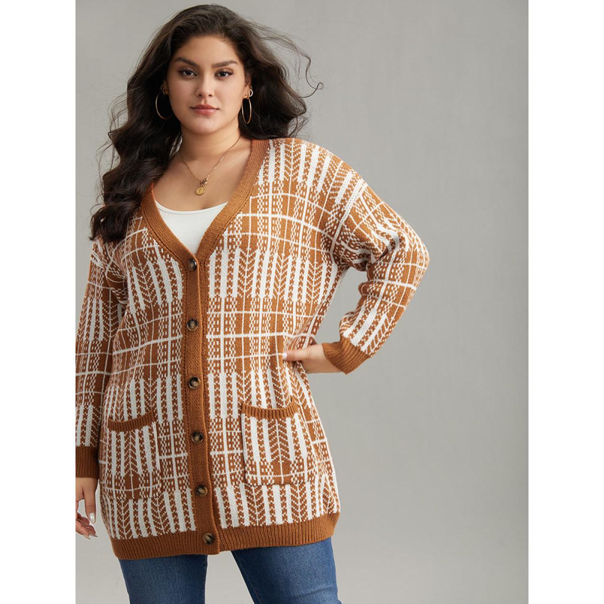 Plus Size Boho Print Contrast Pocket Open Front Cardigan Chocolate Women Casual Loose Long Sleeve Dailywear Cardigans BloomChic 30/6X Product Image