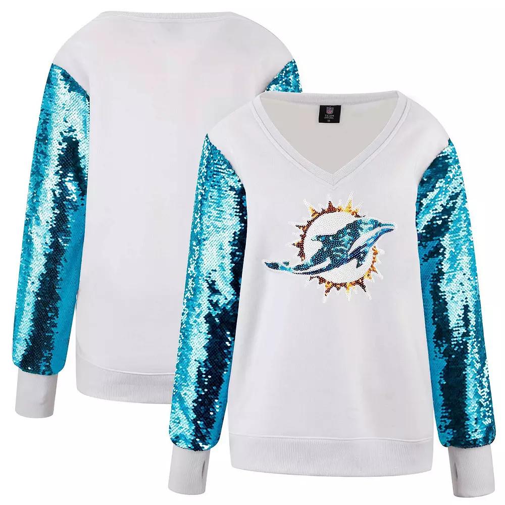 Women's Cuce White Miami Dolphins Sequin Sleeve V-Neck Pullover Sweatshirt, Size: Large Product Image