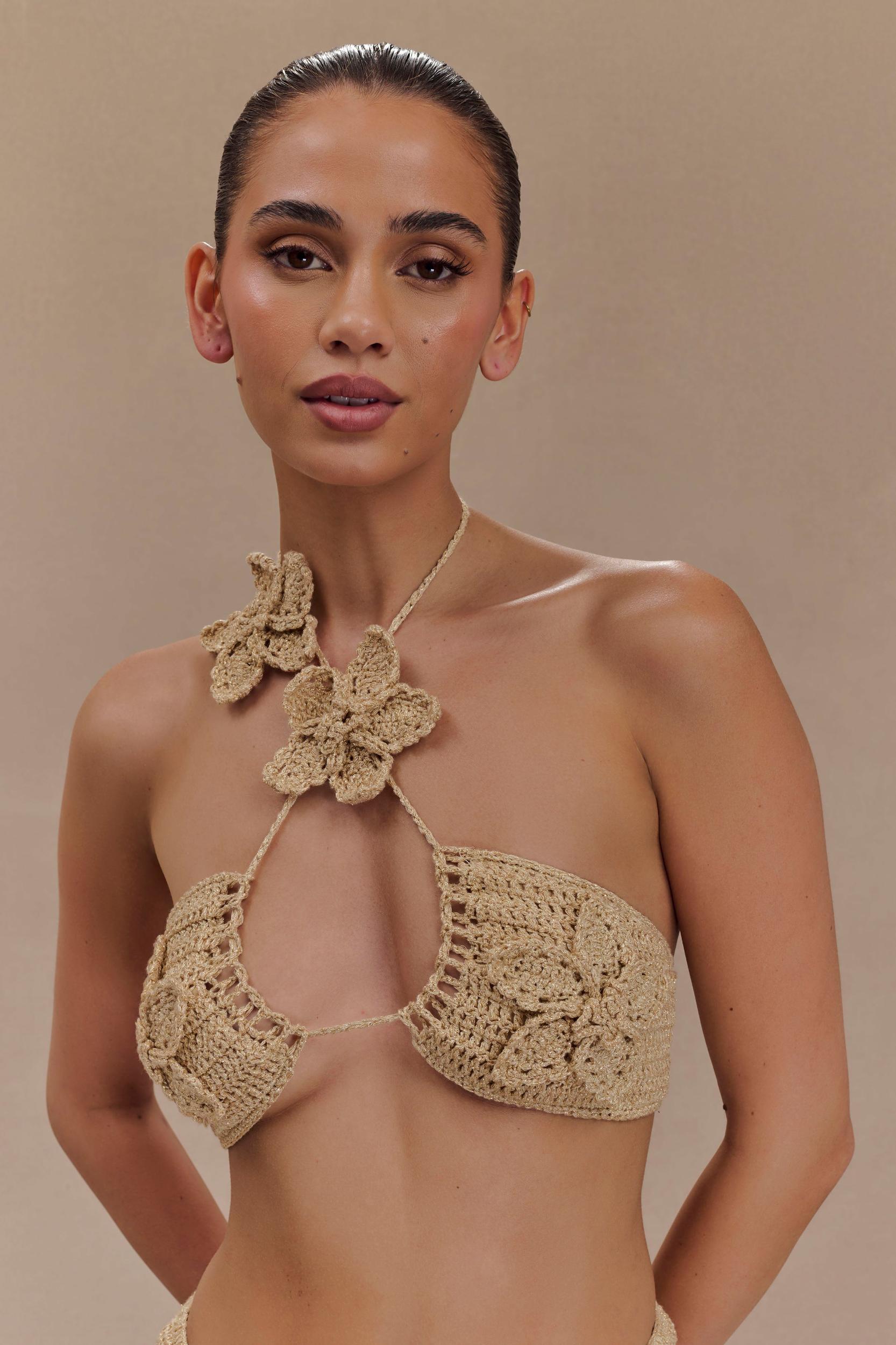 River Floral Crochet Bikini Top - Gold Product Image