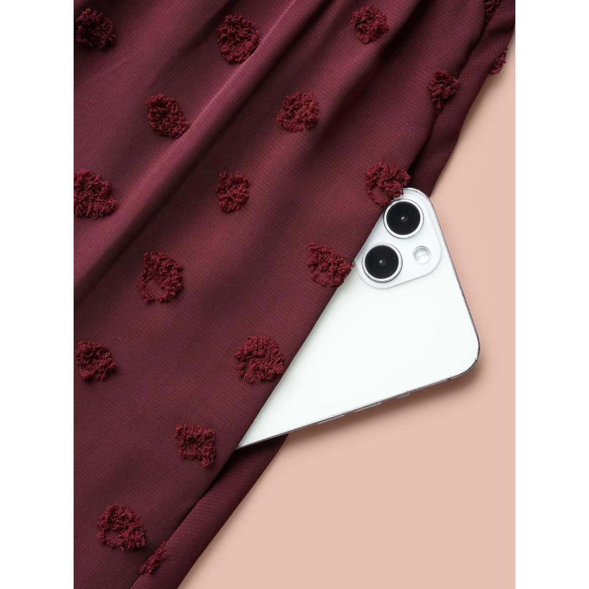 Plus Size Surplice Neck Textured Tiered Dress Burgundy Women Elegant Texture Overlap Collar Long Sleeve Curvy BloomChic 12/L Product Image