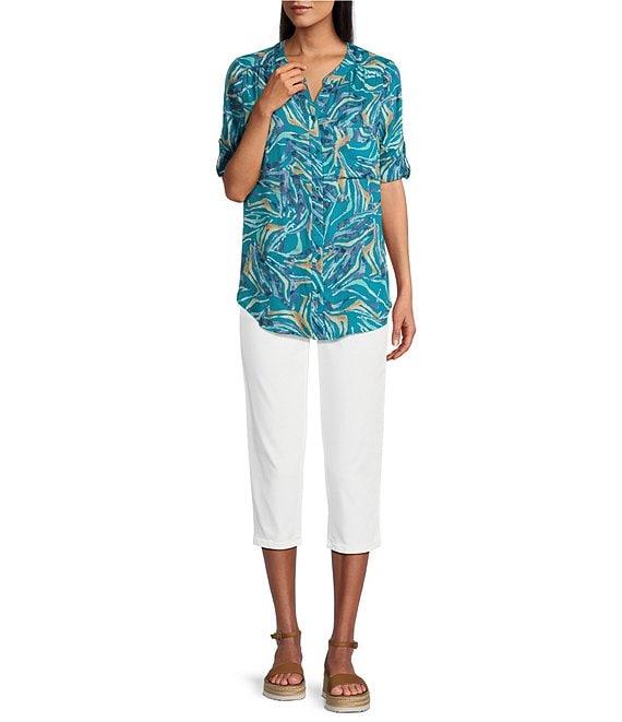 Intro Woven Mosaic Blue Split V-Neck 3/4 Roll-Tab Sleeve Button Front Shirt Product Image