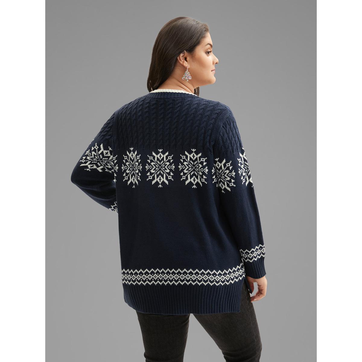 Plus Size Snowflakes Pattern Contrast Round Neck Pullover Midnight Women Casual Loose Long Sleeve Round Neck Everyday Pullovers BloomChic 26/4X Product Image