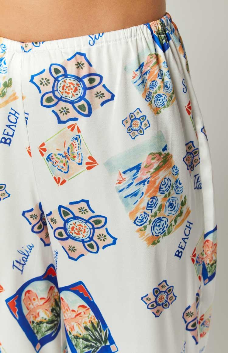Bridget White Satin Italia Print Pants Product Image