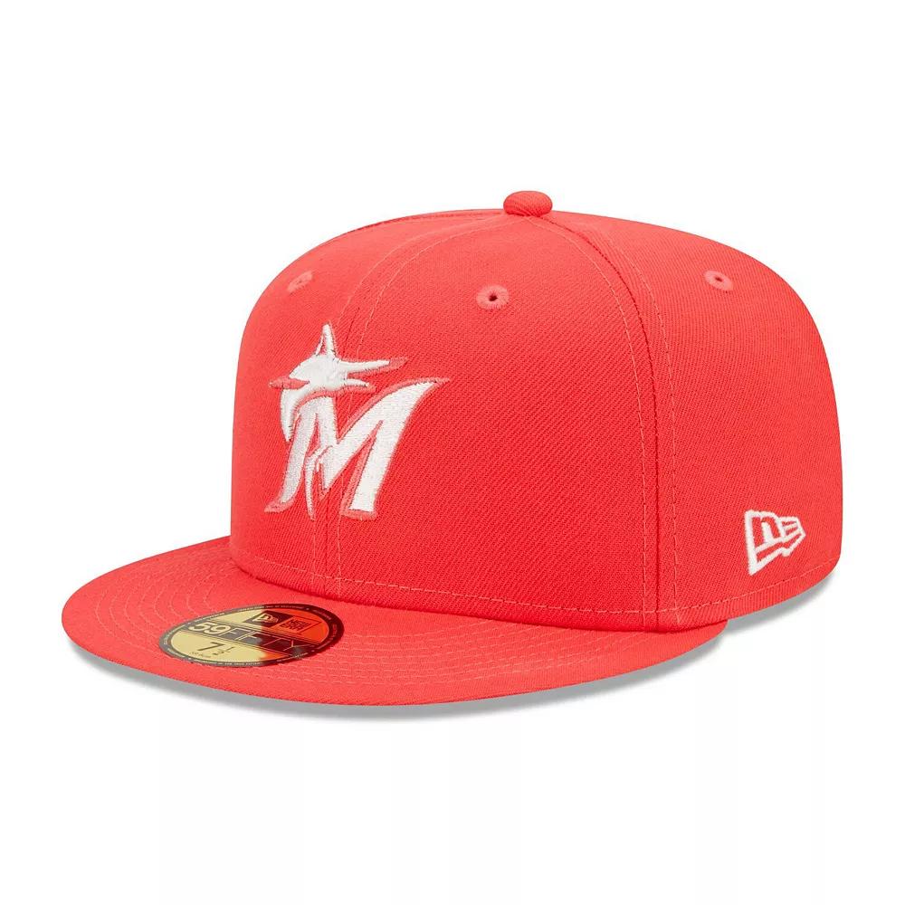 Men's New Era Red Miami Marlins Lava Highlighter Logo 59FIFTY Fitted Hat, Size: 7 Product Image