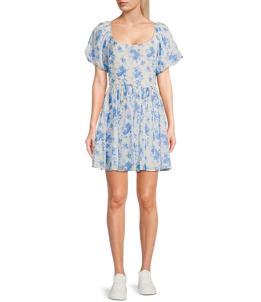 I.N. San Francisco Floral Print Square Neck Bubble Sleeve Smocked Back Dress Product Image