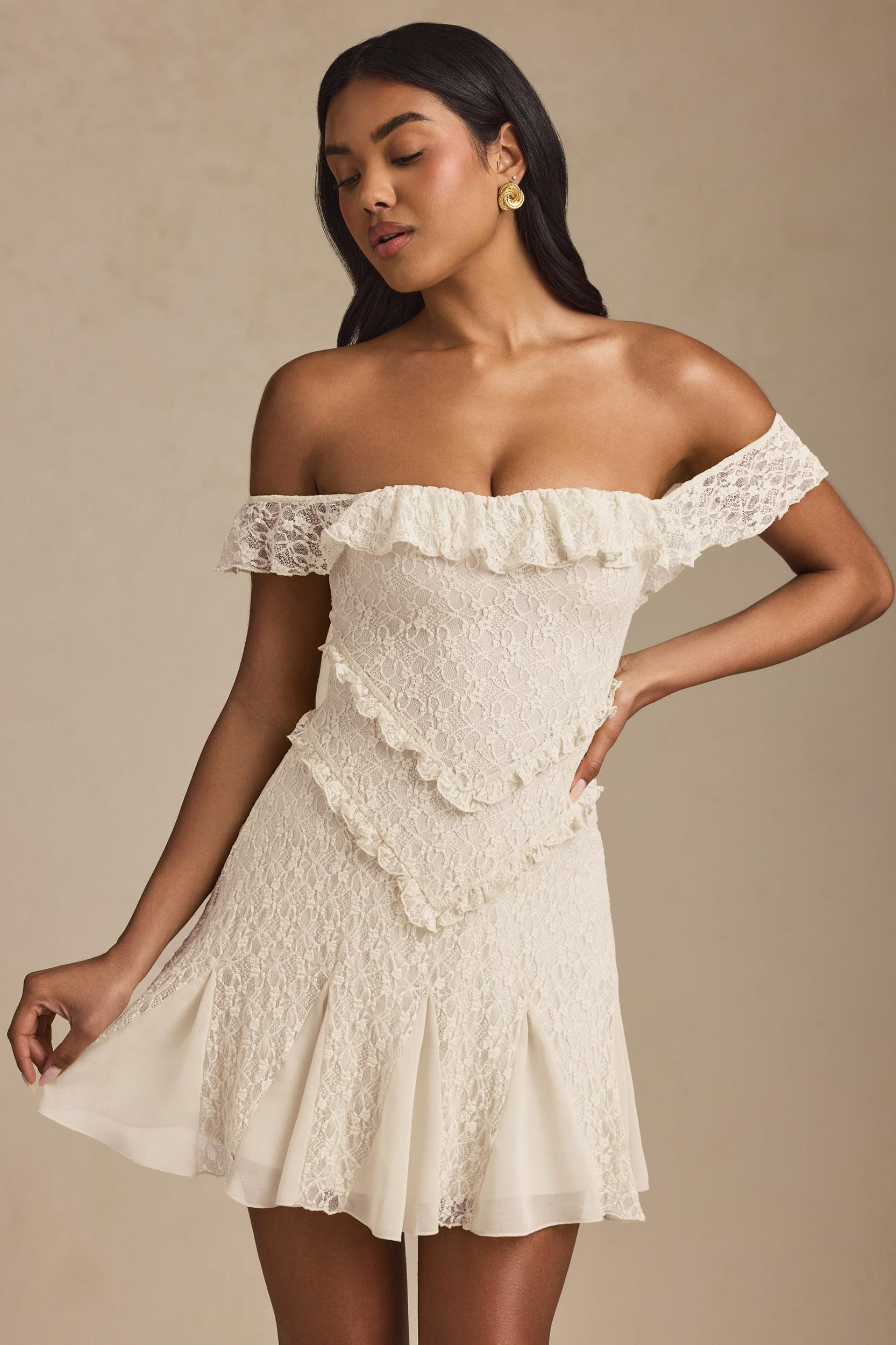 Off-Shoulder Lace A-Line Mini Dress in Ivory Product Image