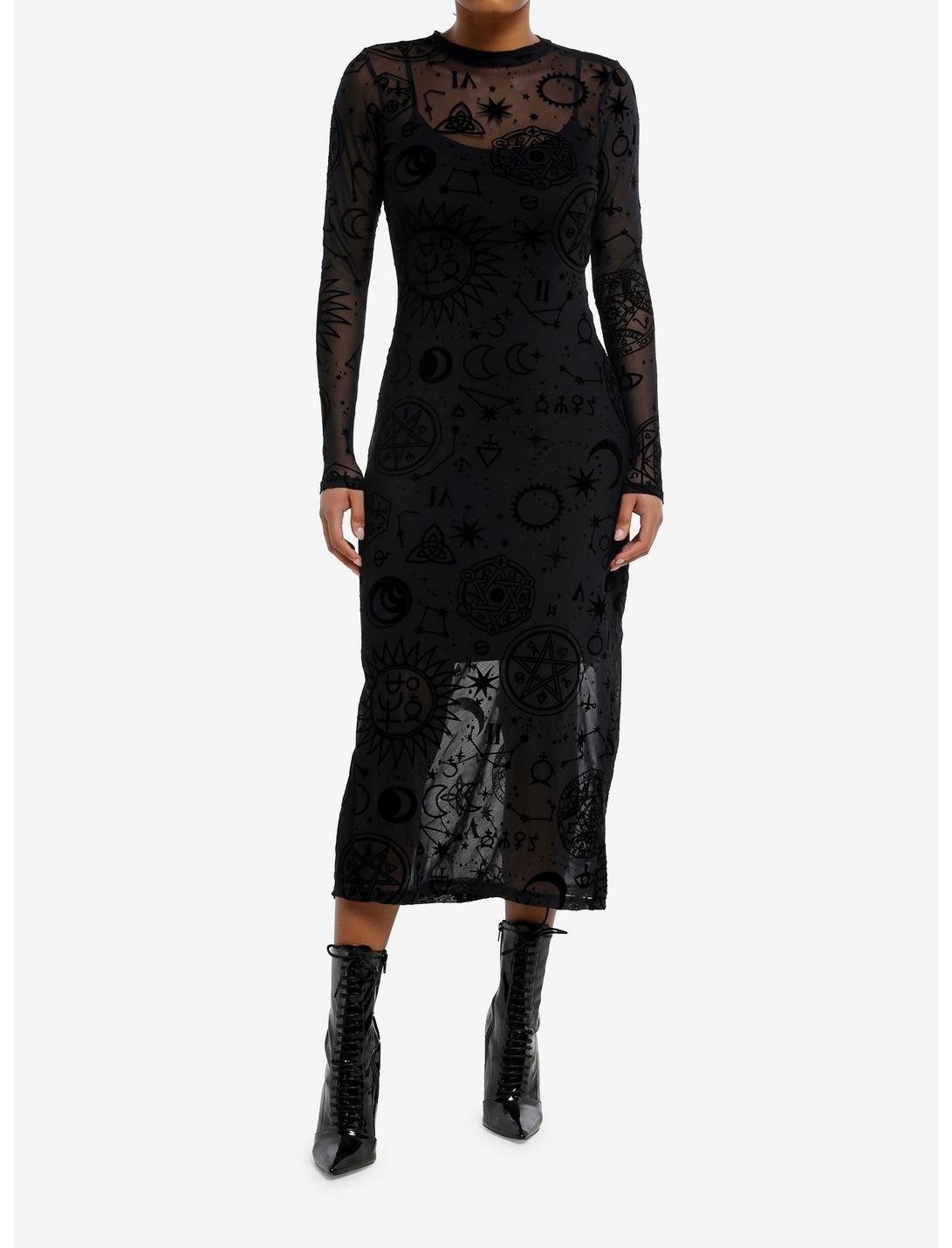 Cosmic Aura Black Celestial Flocked Mesh Maxi Dress Product Image